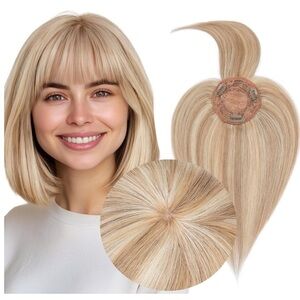 10” Bleach Blonde Highlighted #12/613 Human Hair Topper with Bangs #RA1